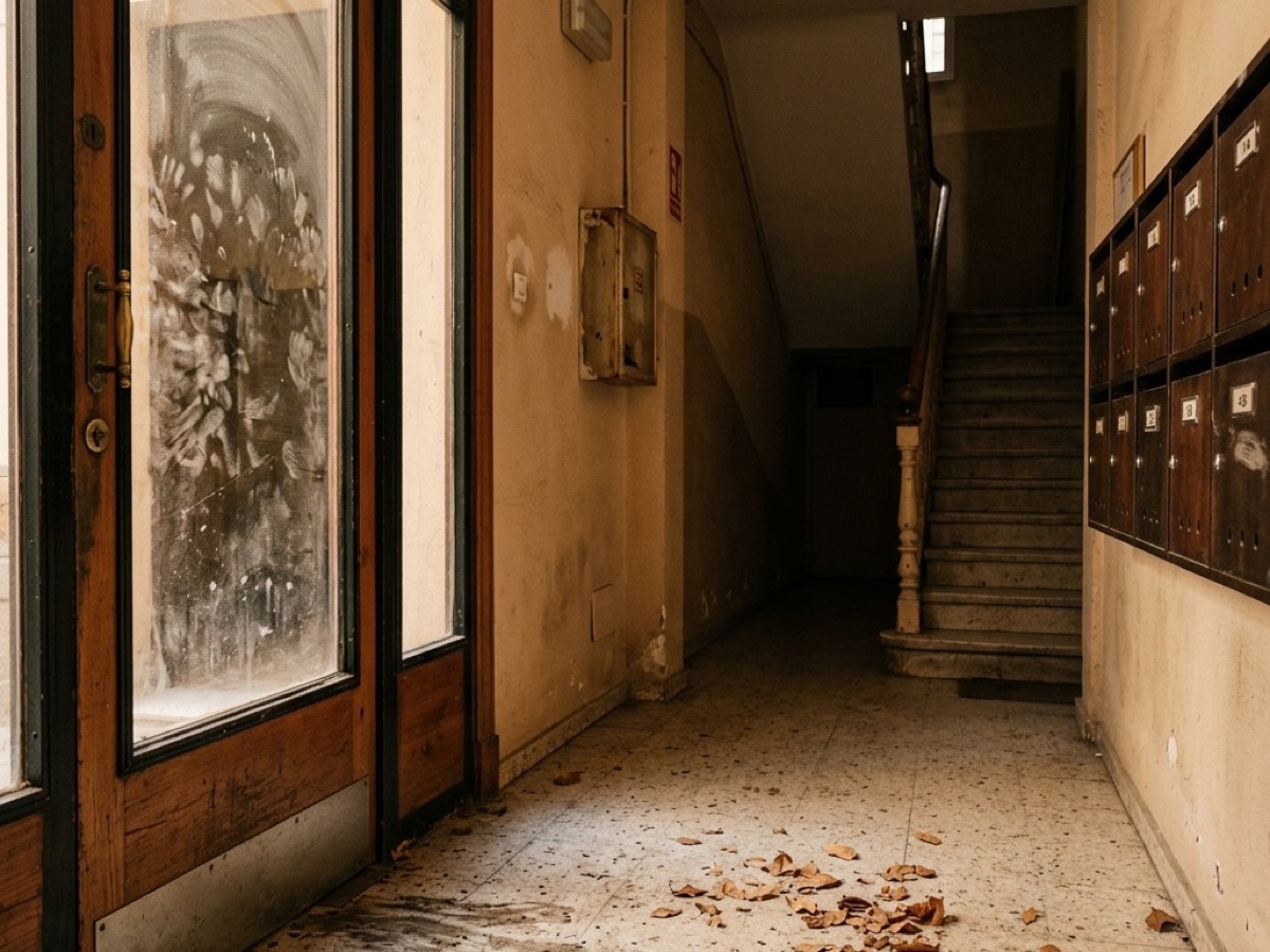 Portal descuidado de una comunidad antes del mantenimiento profesional